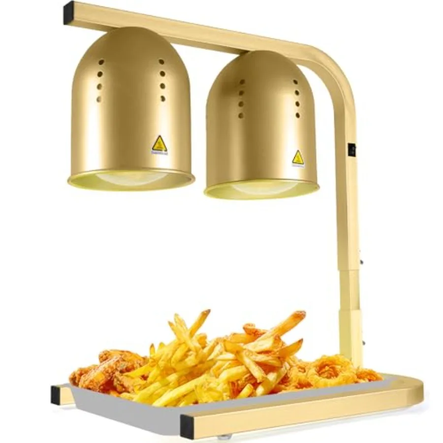 

Commercial food heat lamp with two 250W bulbs, adjustable height stand, gold finish, fast and even heating for home, fast food