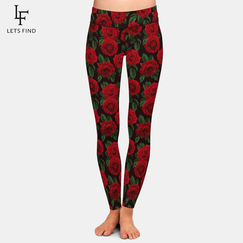 LETSFIND-mallas con estampado de rosas rojas para mujer, Leggings de cintura alta de poliéster para Fitness, nueva moda