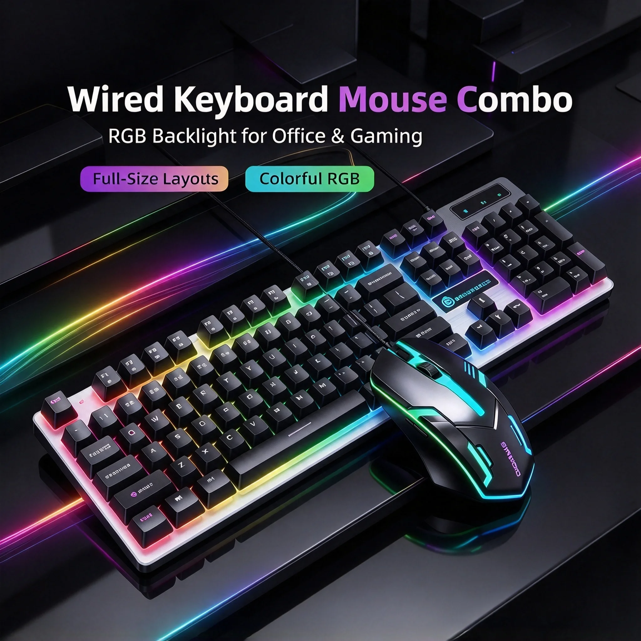 Rainbow RGB Backlit Gamer Keyboard And Mouse Combo 104-Keys Ergonomic Design Gaming Keyboard Set For PC Computer Laptop Tablet