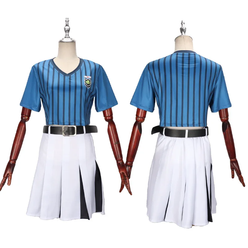 أنيمي الأزرق قفل أنري Teieri تأثيري حلي شعر مستعار التشجيع تأثيري موحدة أعلى تنورة اتحاد كرة القدم هالوين امرأة حفلة البدلة