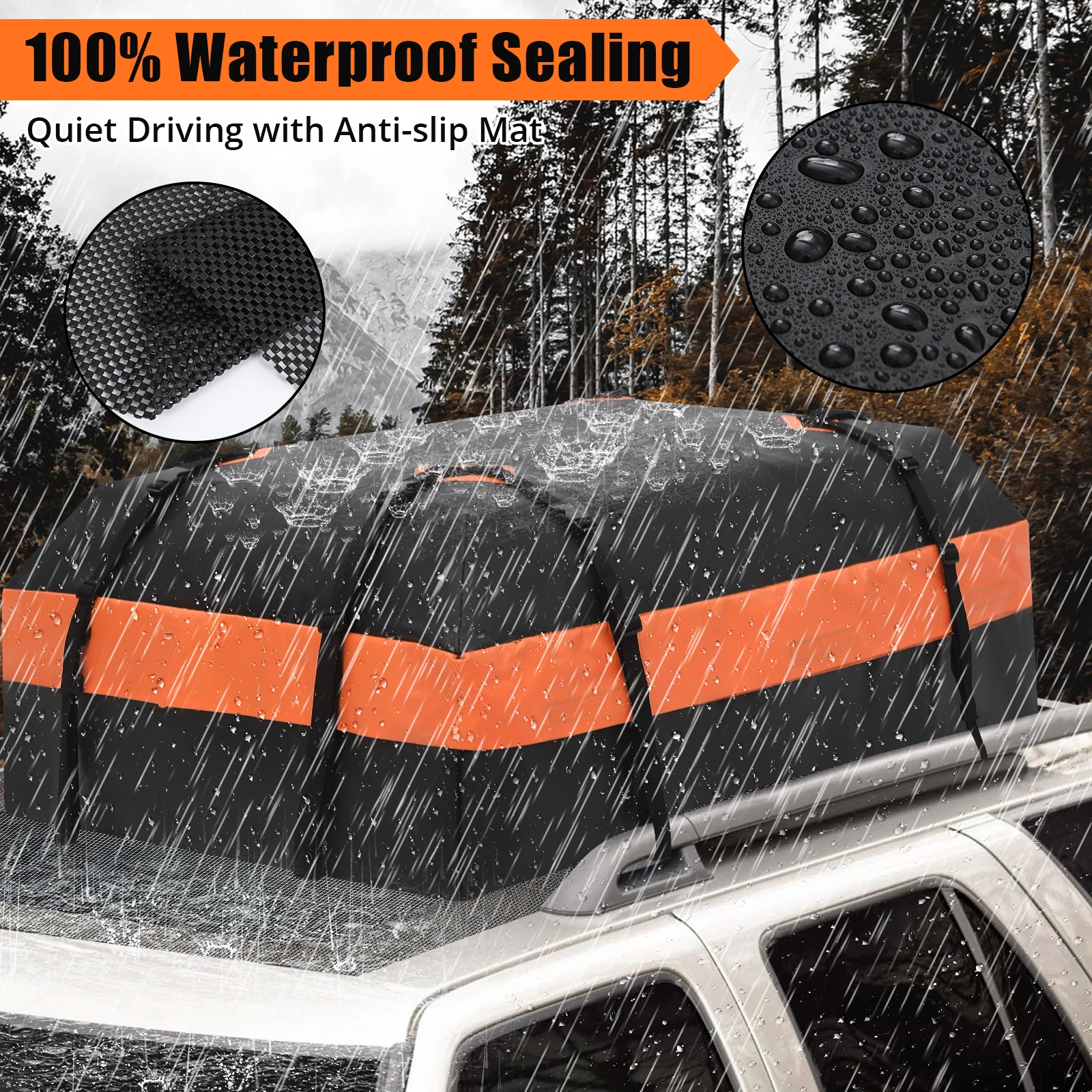 Car Rooftop Cargo Carrier Bag 15 Cubic Feet - Waterproof, Easy Installation, 8 Reinforced Straps, 6 Door Hooks, Luggage Lock