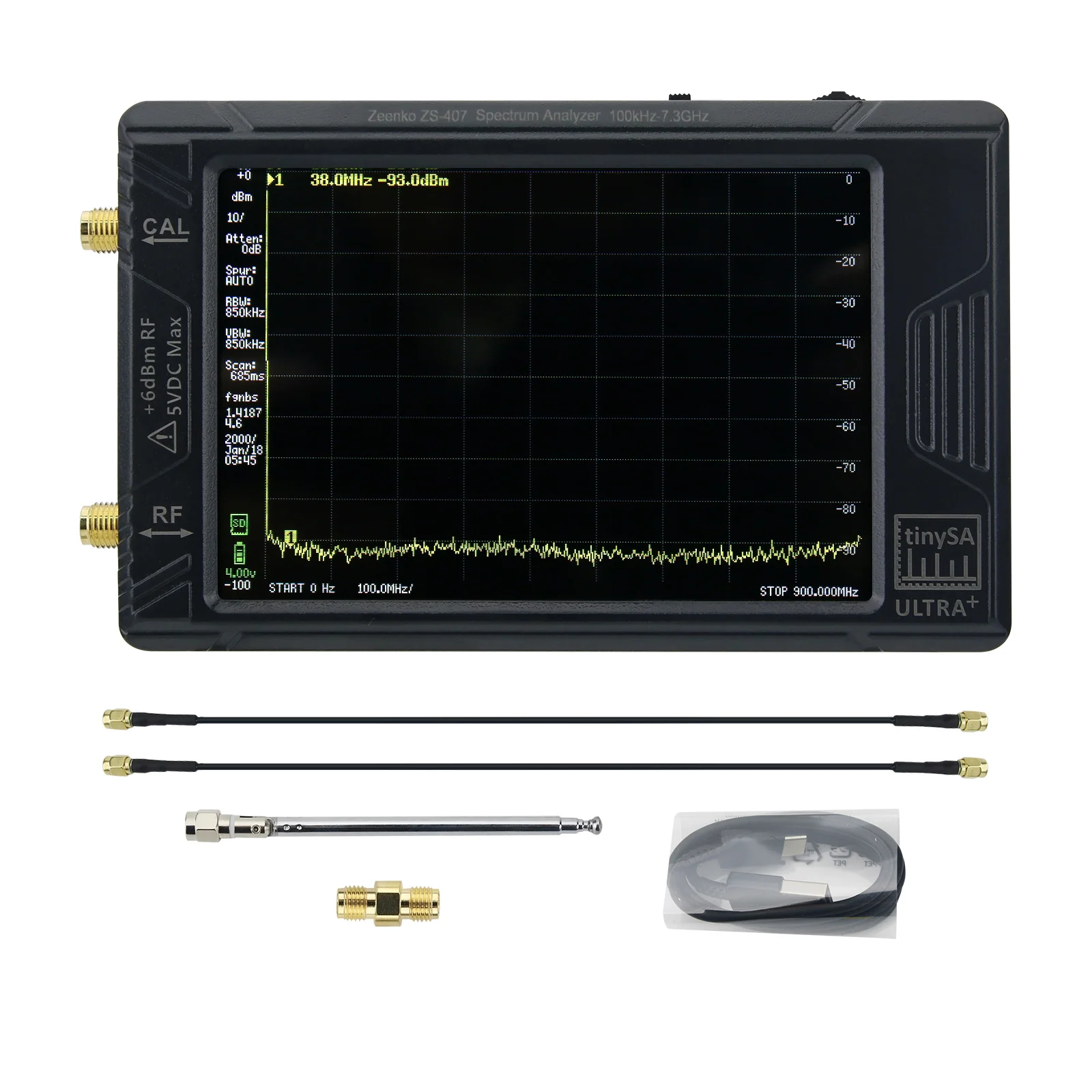 New Ultra + ZS-407 Handheld Spectrum Analyzer 900MHz-7.3GHz Ultra-wide Frequency With 4-inch IPS Touchscreen For TinySA