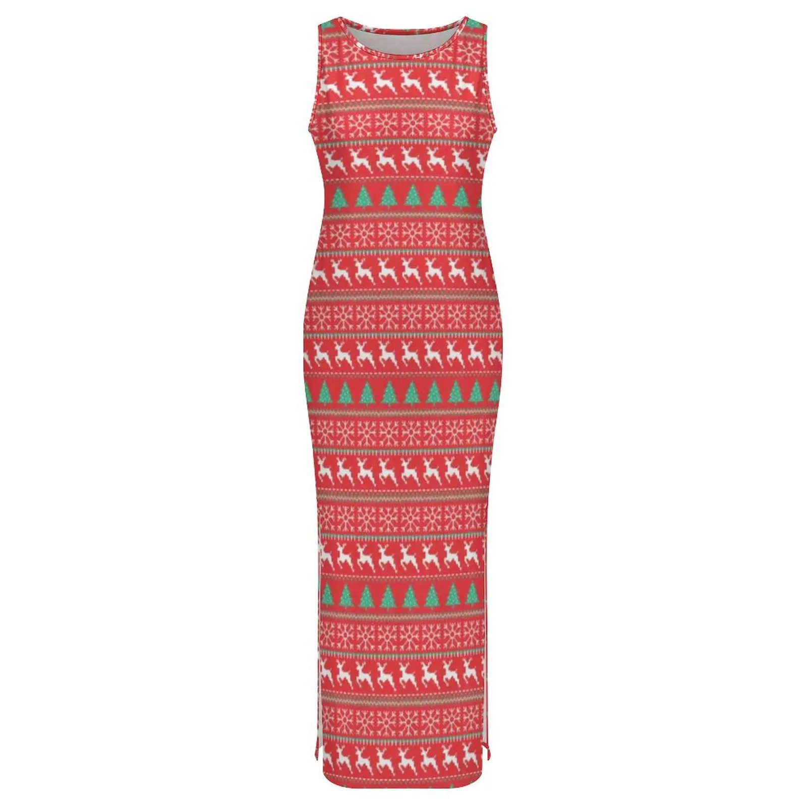 فستان حيوانات إسكندنافية بدون أكمام مطبوع عليه عيد الميلاد فساتين ماكسي ضيقة ومثيرة فستان ضيق للنساء تصميم كبير الحجم