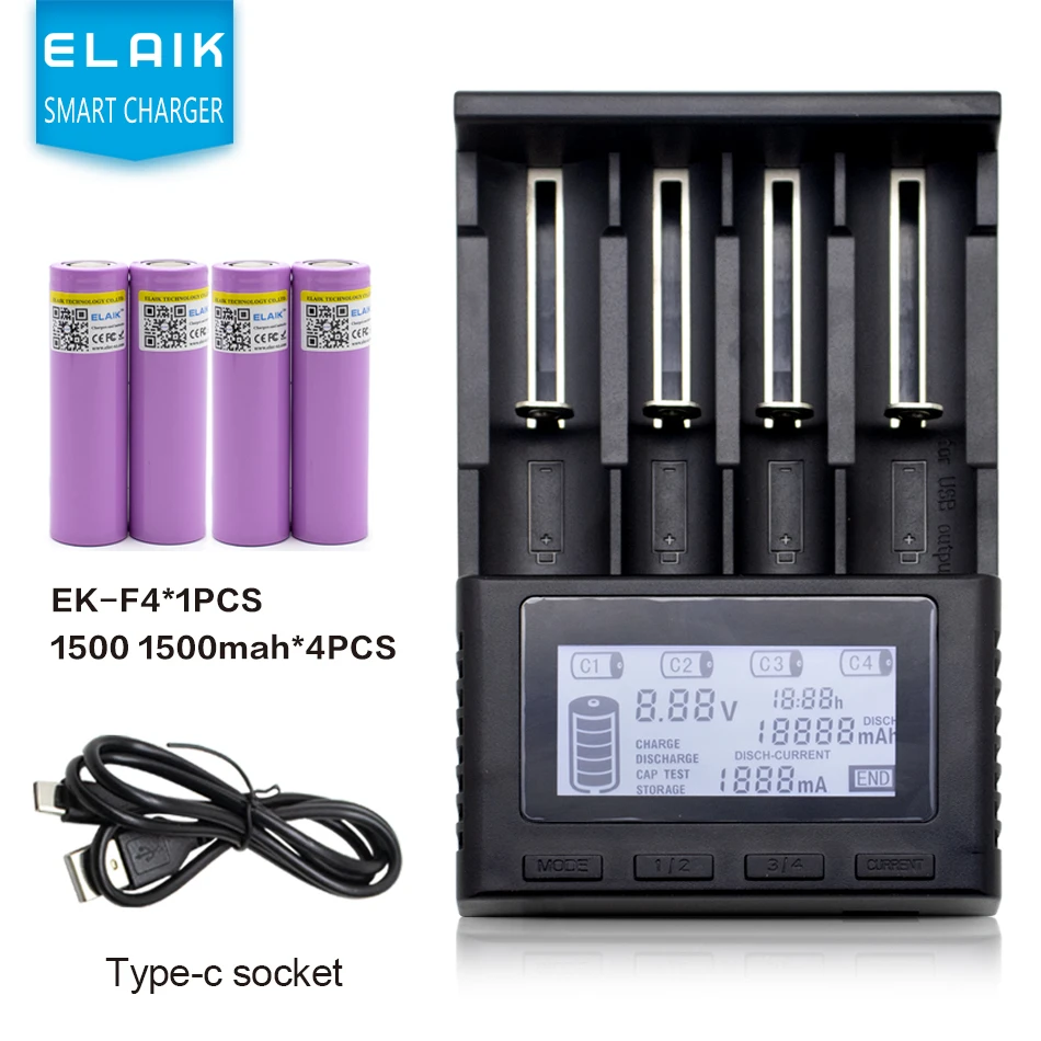 ELAIK EK-F4 T2 LCD Smart Charger Test Capacity 26650 18650 14500 21700 18500 18350 AA AAA and other 4 slots with battery