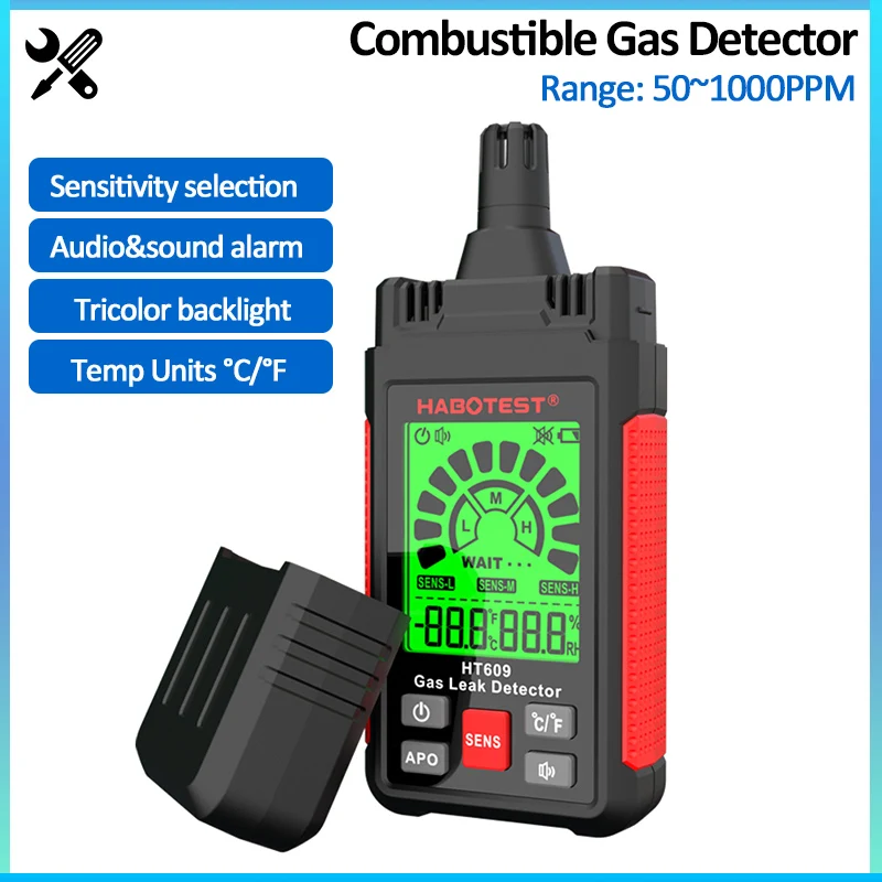 Alarme Detector de Vazamento de Gás Inflamável Detector de Gás Combustível com Alarme Sonoro e Visual Retroiluminação Tricolor Display Lcd Ht609