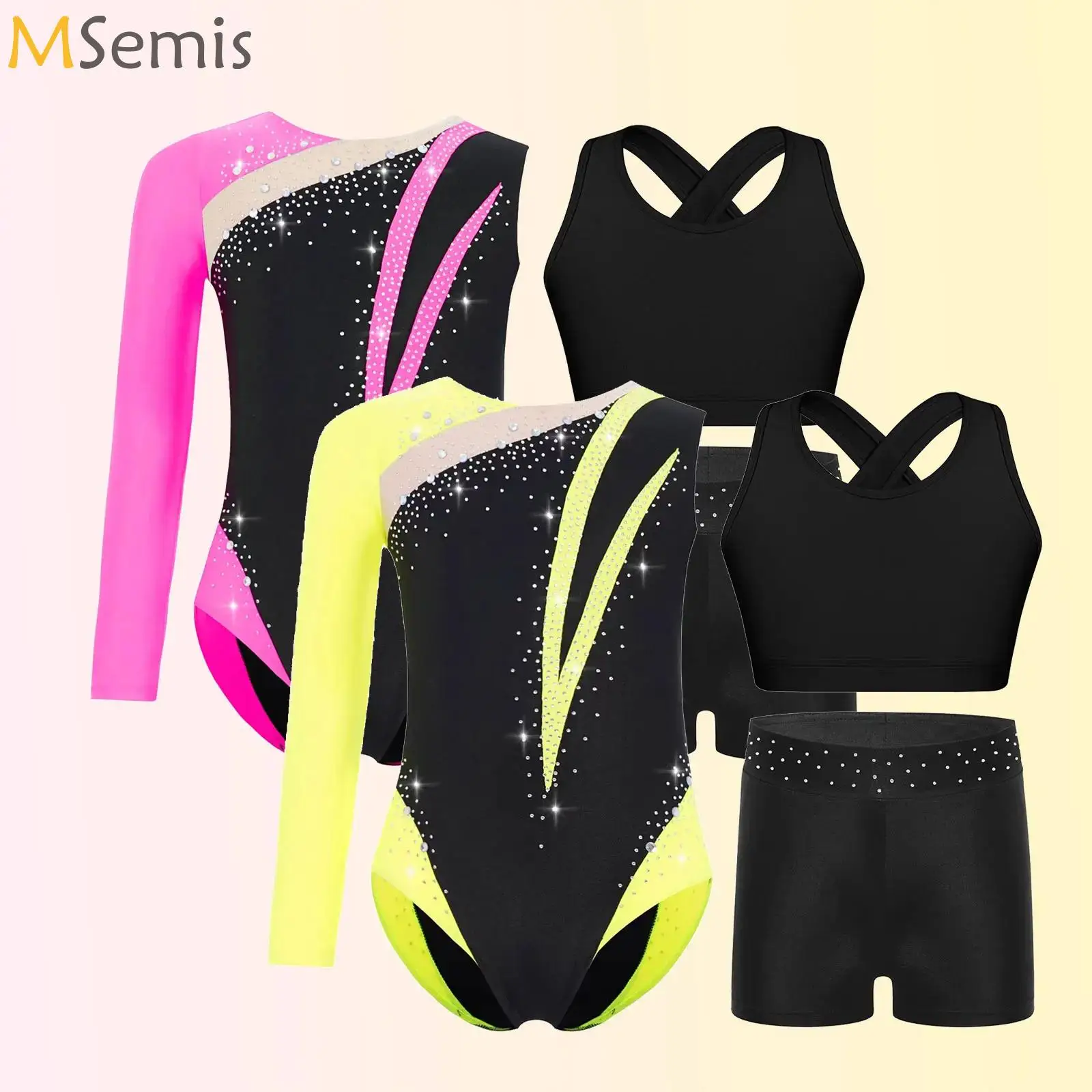 

Kids Girls Ballet Dance Costume Figure Skating Leotard Bodysuit with Vest And Shorts Outfits Sheer Mesh Training Sportswear Set