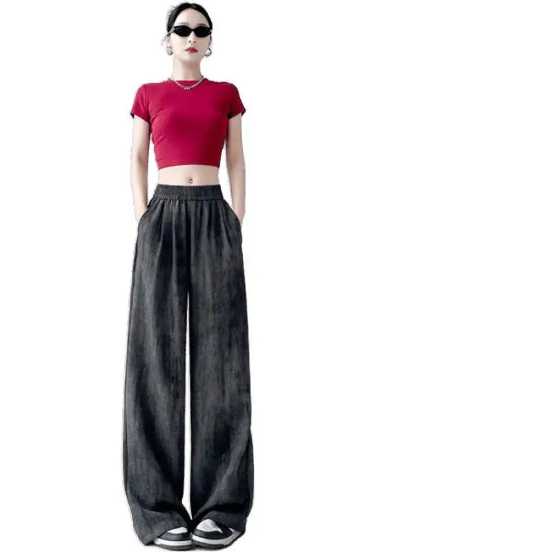 夏用薄手ワイドレッグパンツ レディース 日焼け防止 ハイウエスト ルーズストレートカット アイスシルク コットンリネン 染め加工 ラウンドパンツ