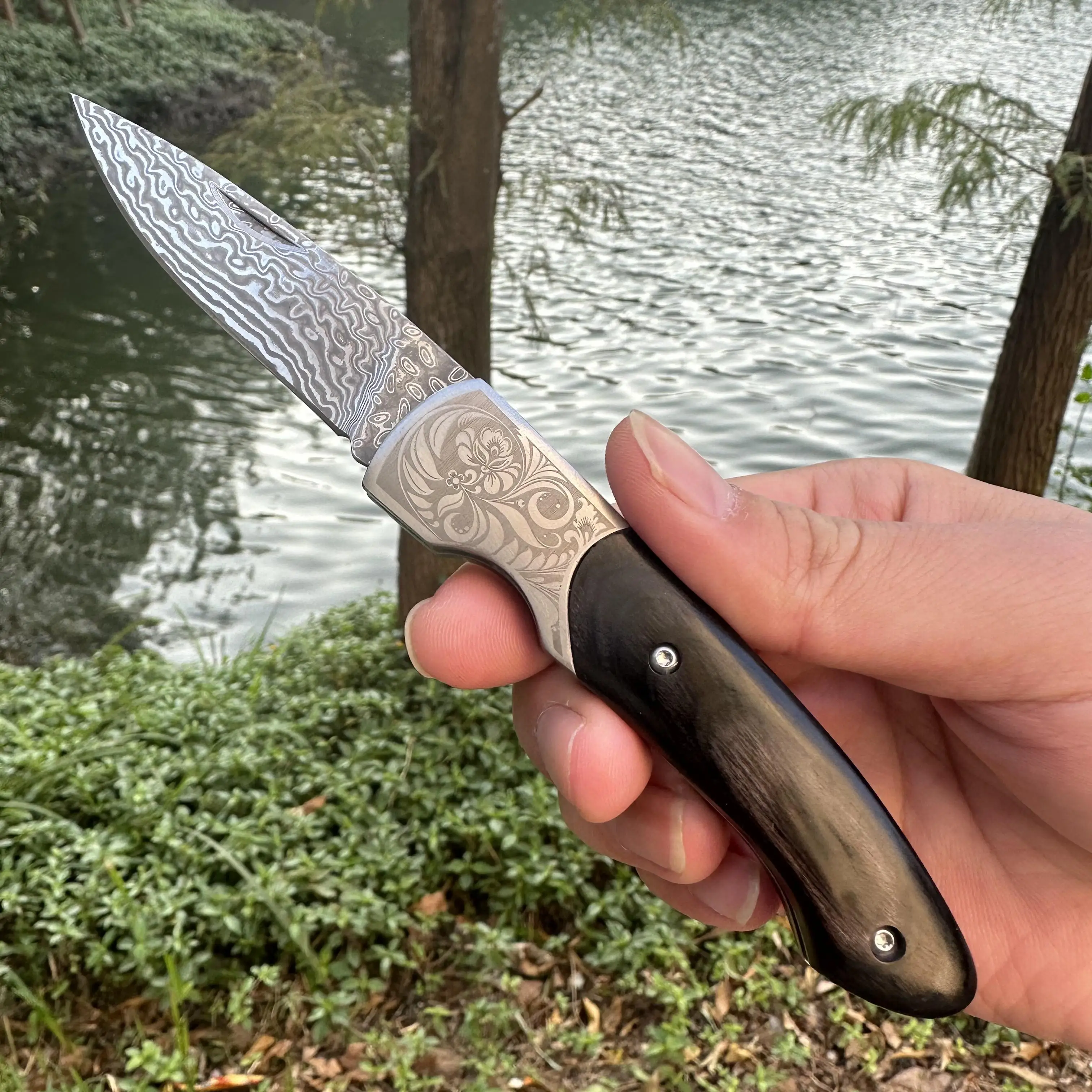 Topwell Handmade Damascus Pocket Folding Knife Vg10 Blade Sandalwood Handle Portable Outdoor Camping Fishing Gift For Men