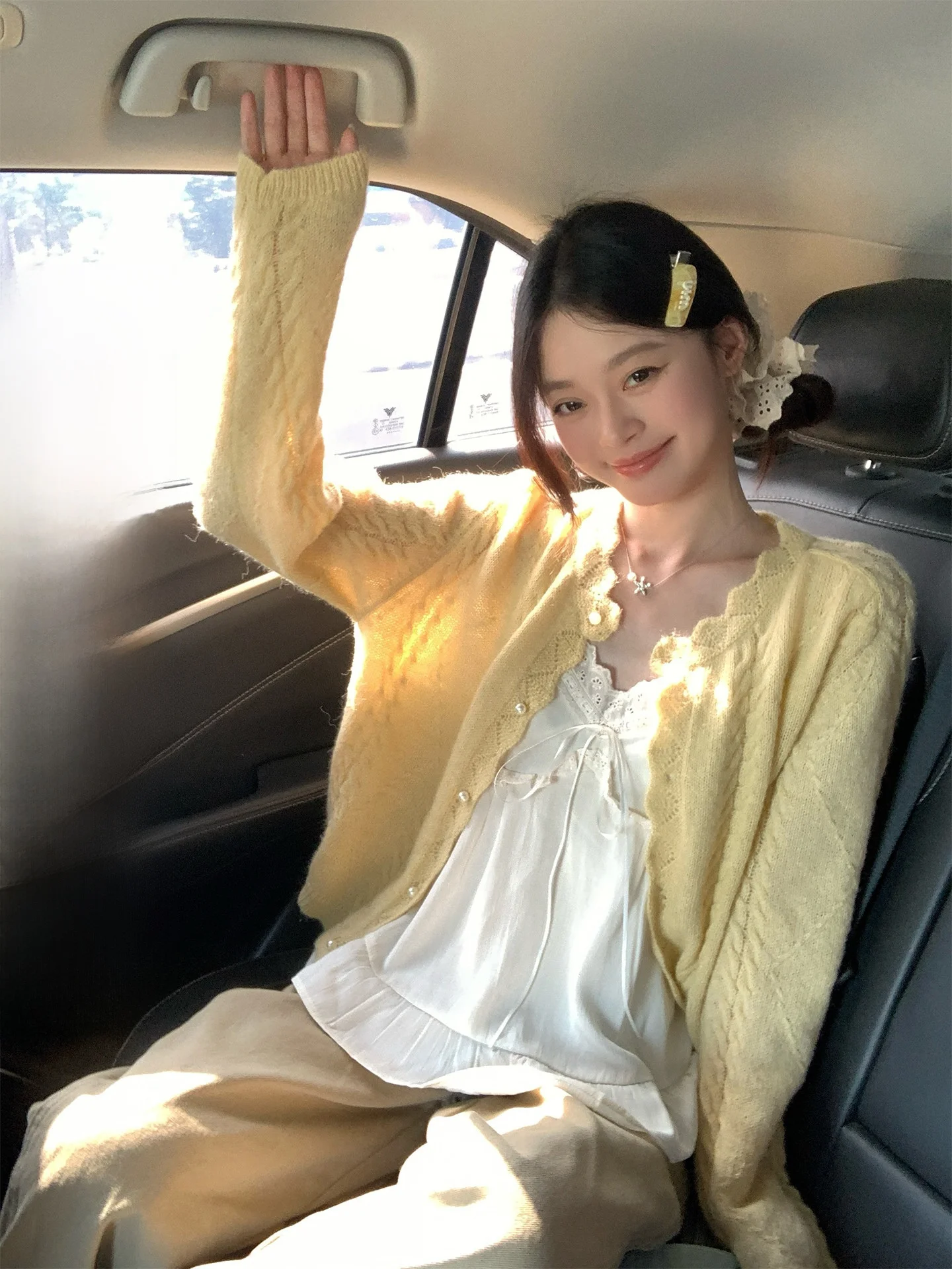 

Song Zhengen Goose Yellow Cashmere Knitted Open Cardigan Women's Spring New Loose Unique Beautiful Top Korean Style Long Slee...