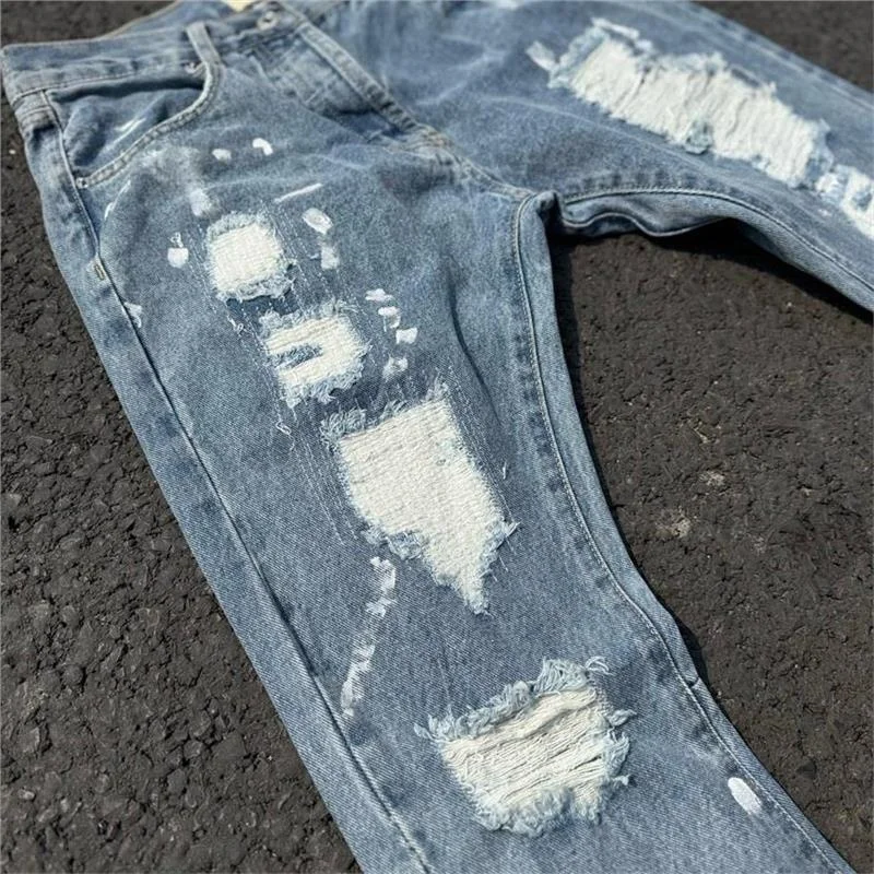 

Street Sle Splatter Paint Destroyed Лоскутные микро расклешенные джинсы Американские длинные брюки в стиле хип-хоп с дырками Повседневные широкие брюки
