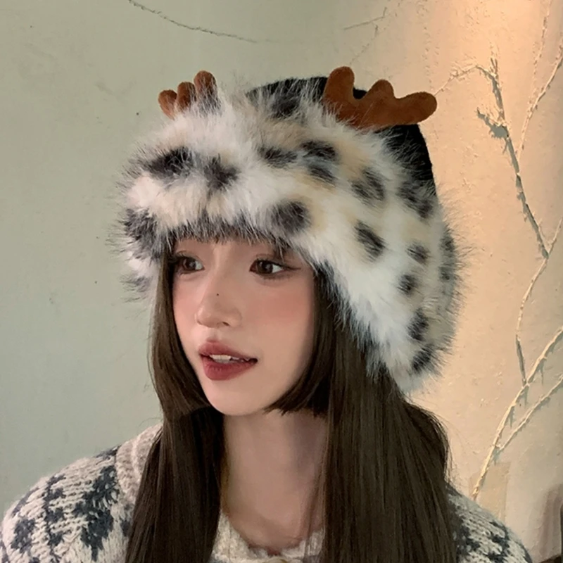 Fashion Deer Horn Hat for Winter Furry Plush Hat for Women Outdoor Headwear Skiing Mountain Climbing Coldproof Caps