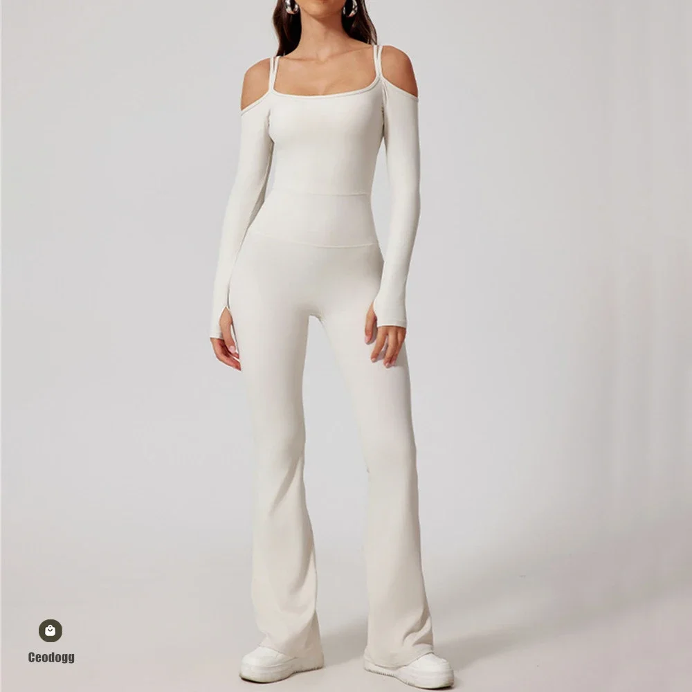 

Cutout Shoulder Long Sleeve Jumpsuit Gym Women Training Yoga Set Sportswear Fitness Workout Flare Legging Active Suit XP21