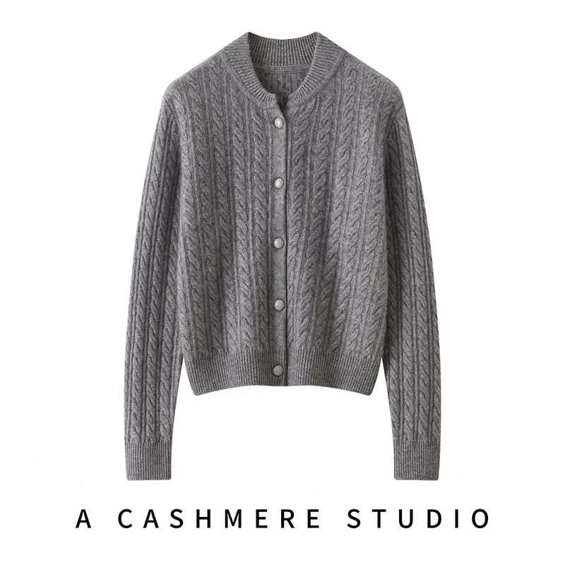 100% cashmere women's twisted flower round neck soft skin-friendly comfortable simple temperament knitted cardigan top