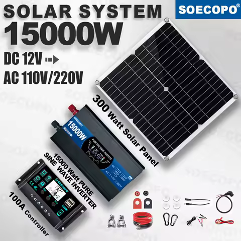 SOECOPO Pure Sine Wave Inverter 15000W Solar System Kit 300W Panel 100A Controller 12V 110V 220V Generator for Home off grid