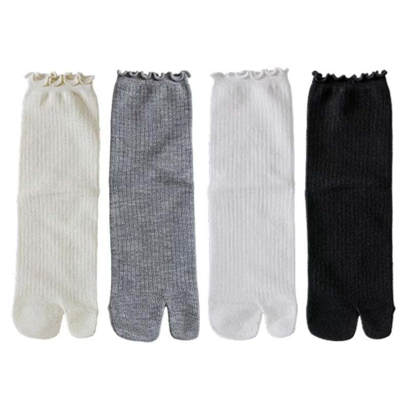 جوارب هاراجوكو البسيطة، جوارب مرنة عالية، جوارب يابانية بحافة مكشكشة من القطن بمقدمة مقسمة، لون سادة، جورب بإصبعين