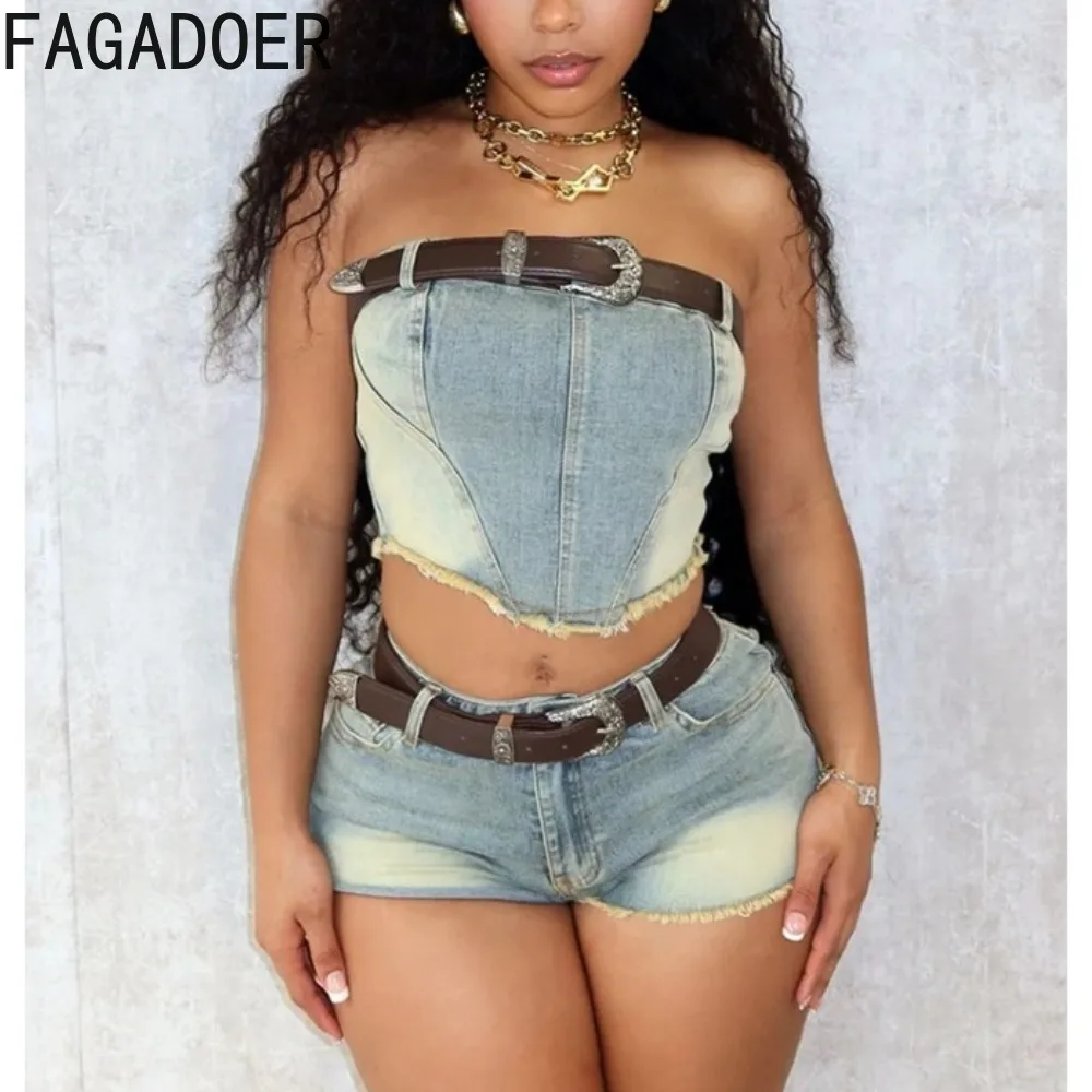 

FAGADOER Sexy Denim Tube Elasticity Two Piece Sets Women Off Shoulder Sleeveless Backless Top And Shorts 2pcs Cowboy Outfit 2024