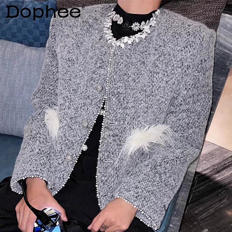 

Trendy Small Fragrant Tweed Jackets Men 2026 Spring New Light Luxury Feather Splicing Pearl Design Stylish Long Sleeve Chic Tops