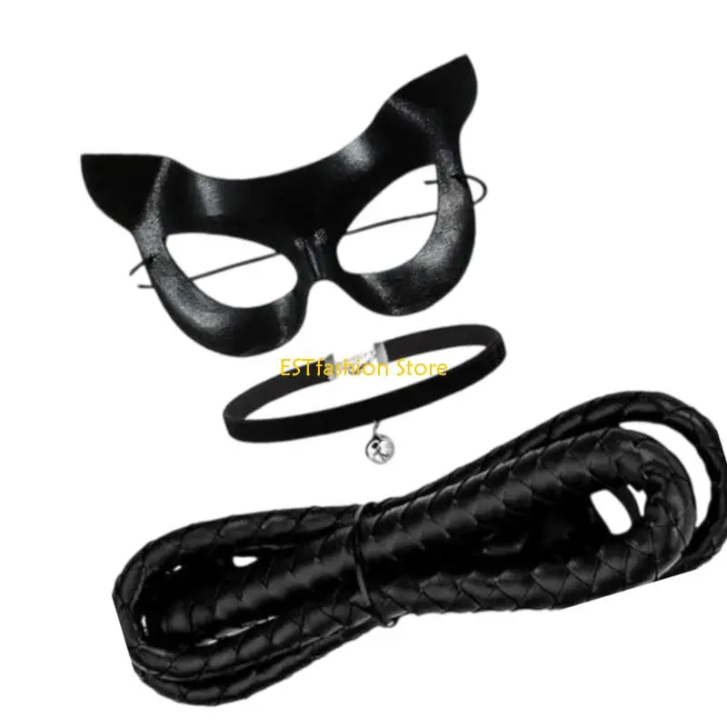 

Y5GC 3 шт. костюм черной кошки для женщин, маскарадная маска на Хэллоуин, ожерелье-колье с колокольчиками