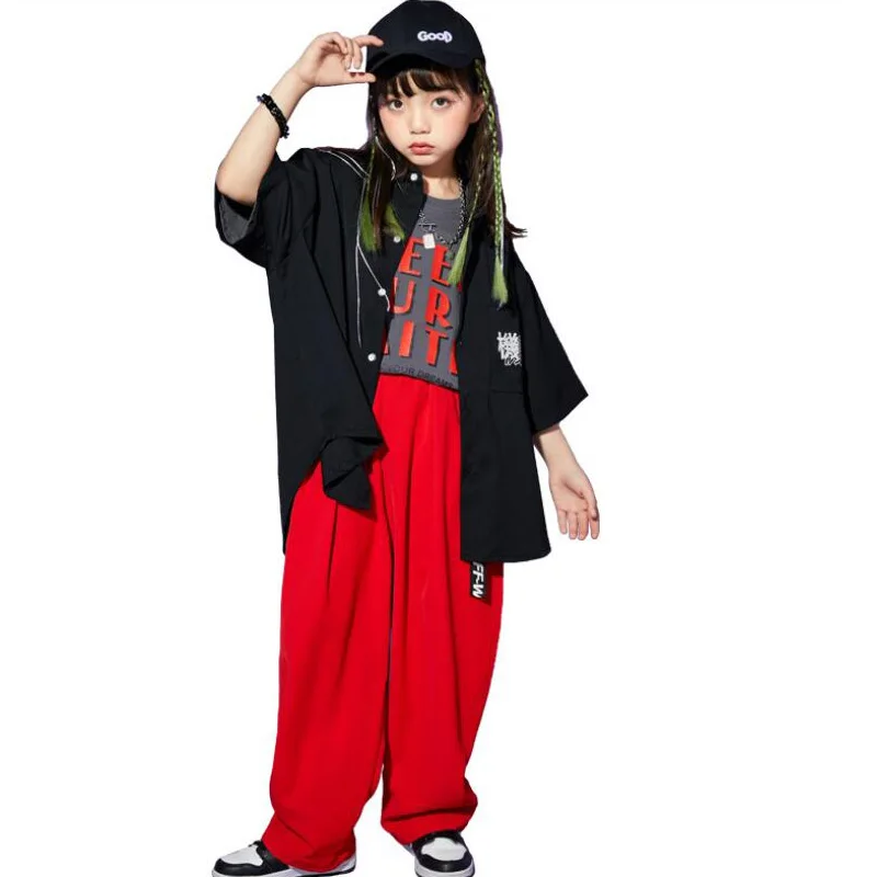 Baju Hip Hop lengan pendek untuk anak, baju Hip Hop lengan pendek warna hitam kasual, celana longgar kasual jalanan merah untuk anak laki-laki dan perempuan, pakaian kostum dansa Jazz