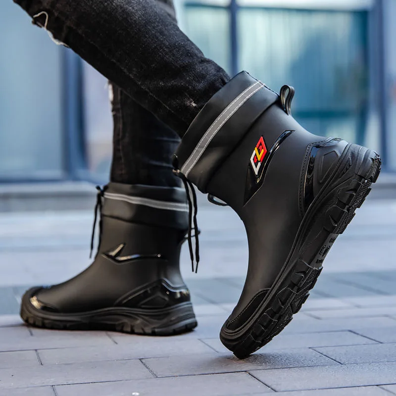 Outdoor Work British Style Anti Slip Waterproof Drawstring Drum Mouth Four Season Universal Men's Rain Boots
