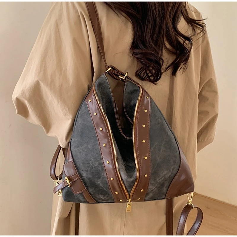Vintage-Rucksack, Damen-Tragetasche, Retro-Spleiß-Hobo-Umhängetasche, lässige Alltags-Einkaufstasche mit Nieten-Dekor – Detail 11