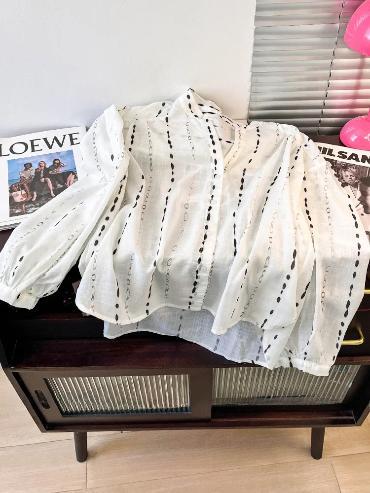 

Retro Striped Long Sve Women's irt Casual Stand Collar Loose Fit Faionable Autumn Top Button Detail Regular Length