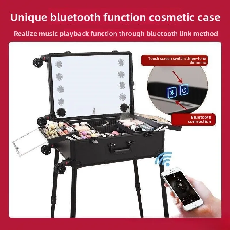 Cosmetic case, professional makeup artist with lamp, large capacity with mirror bracket