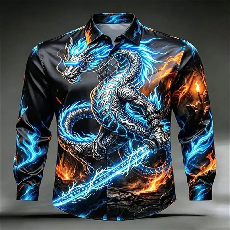 New Long Sleeve Shirt Yellow Green Golden Dragon Xuanwu National Style Printed Xiangyun Pine Tree Men's Top