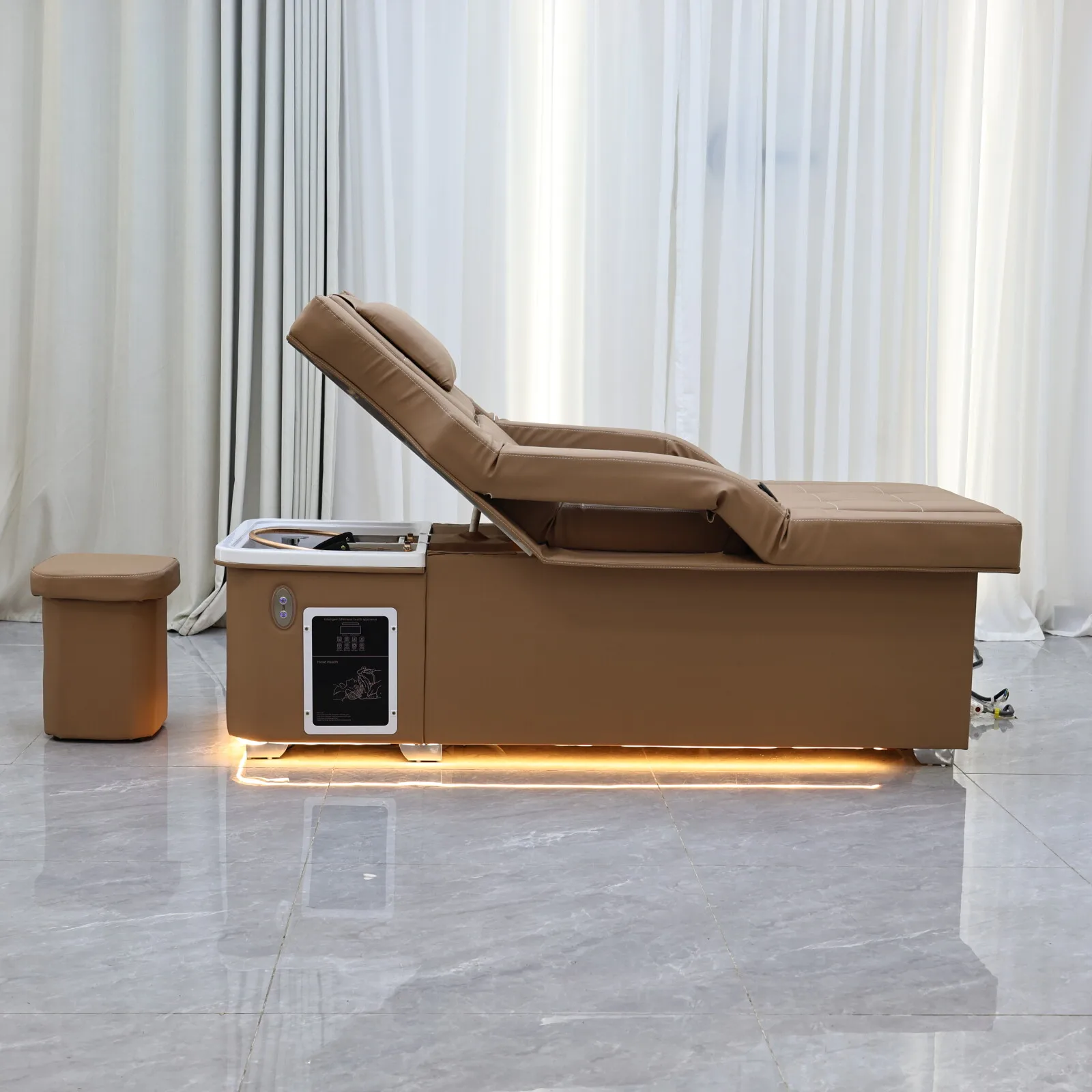 Earth Tone Electric Lift Shampoo Bed Massage Table – All-in-One Salon Station with Fumigation, Foot Bath & Hair Wash Basin