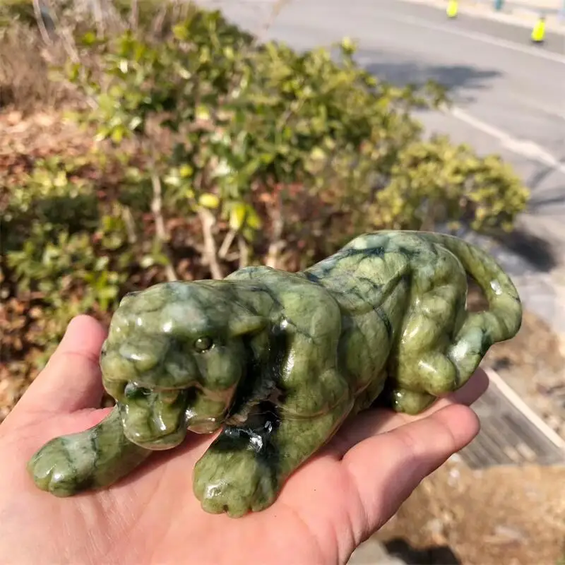 15cm Ophiolite Green Jade Tiger Statue Stone Crystal Carved Healing Animal Figurine Reiki Crafts Home Decoration Lovely Gift
