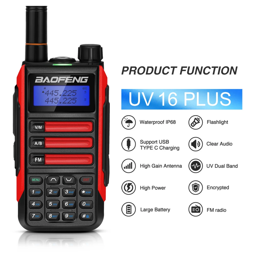 Baofeng-walkie-talkie profesional UV16 Plus, Radio bidireccional de doble banda, resistente al agua, VHF, UHF, 10W de potencia, UV5R, UV10R, UV16