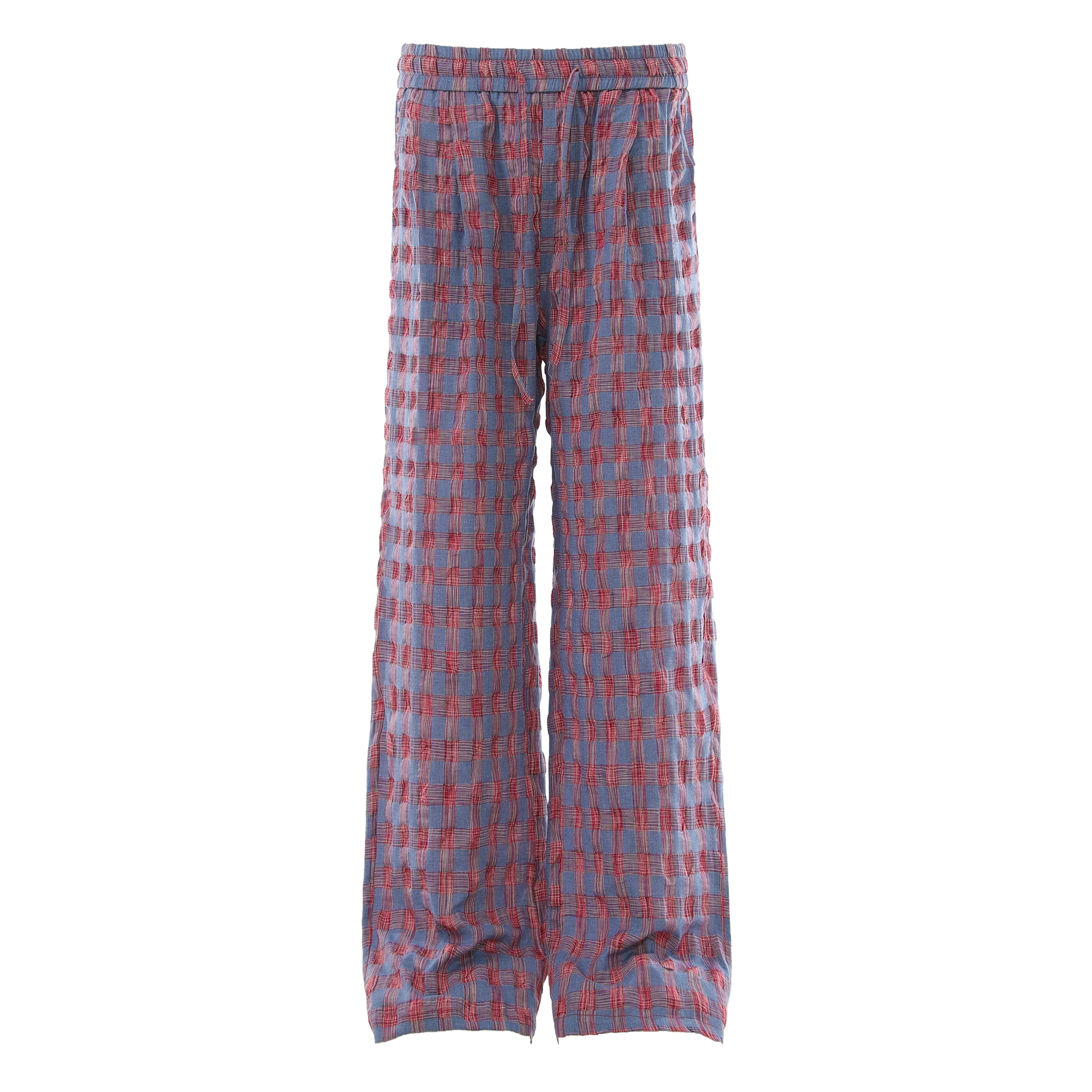 Crinkle Bubble Textured Plaid Wide Leg Pants Blue Red Check Elastic Waist Lounge Pants Oversized Vintage Preppy Casual Trousers