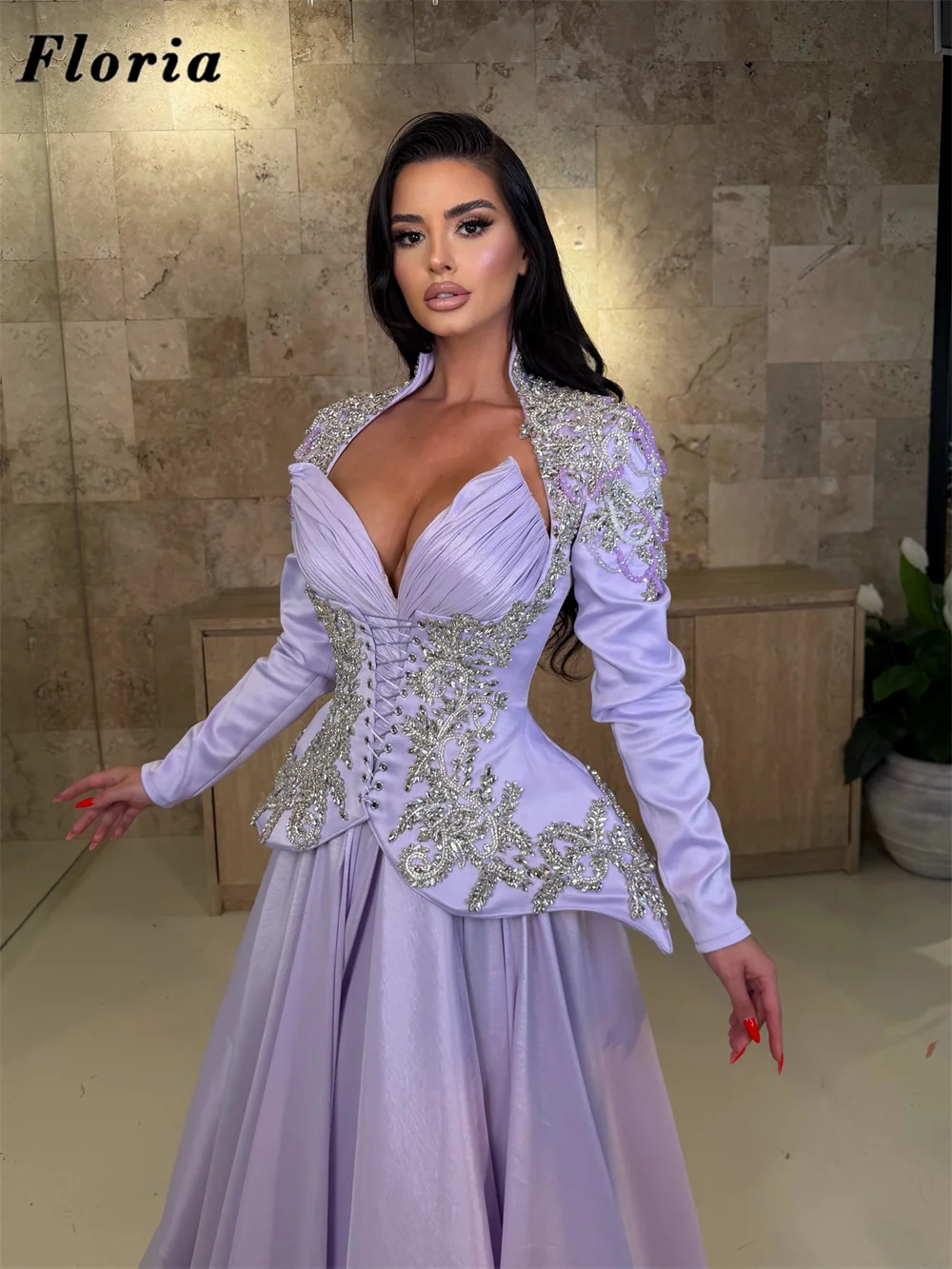 Lilac Elegant Three Pieces Beading Prom Dresses Arabic Split Side Female Party Dress Customized Pearls Graduation Evening Gowns