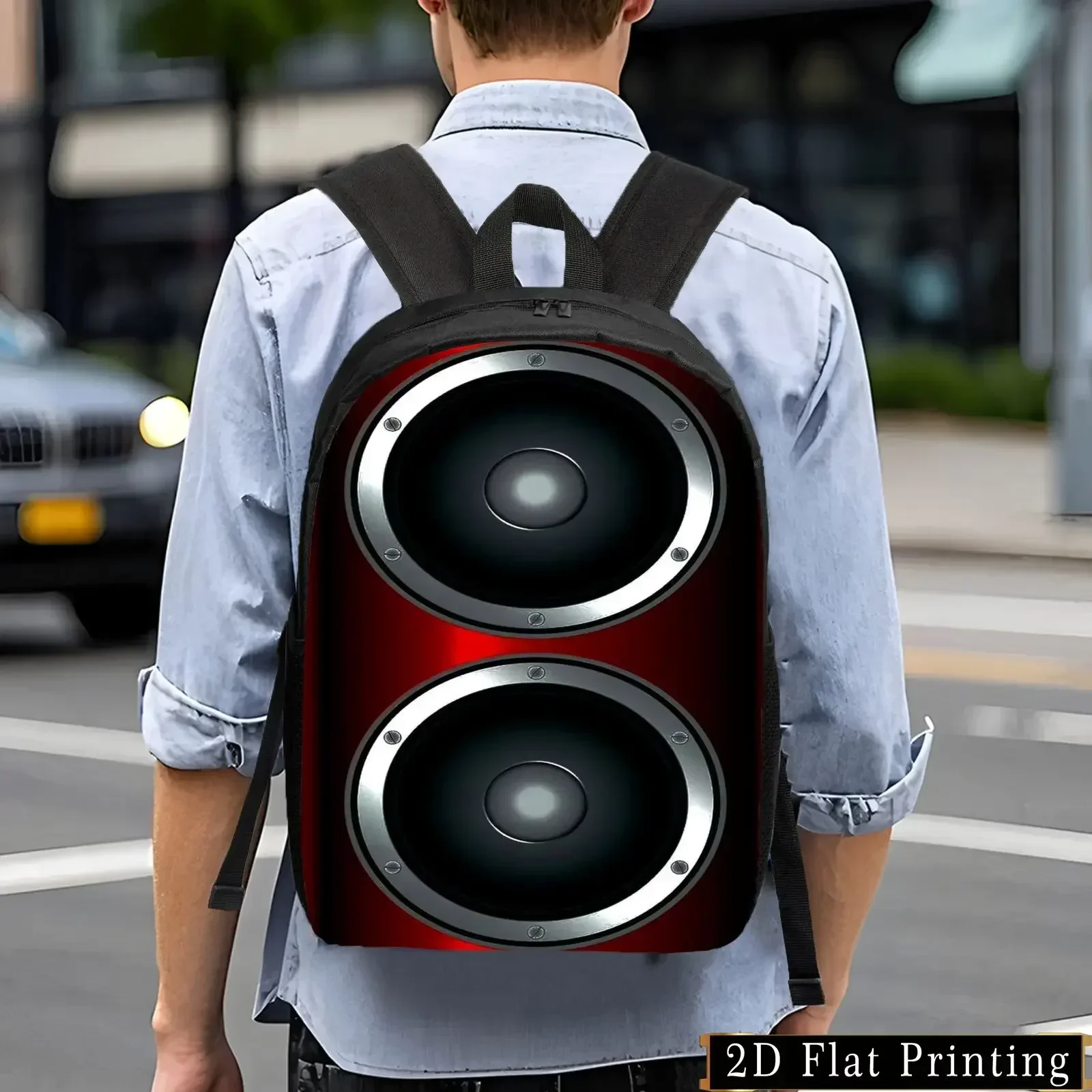 Custom Bag 1pc A Men'S Black Laptop Backpack Featuring A Speaker System Design, Adjustable Shoulder Straps, And A Zipper Closure