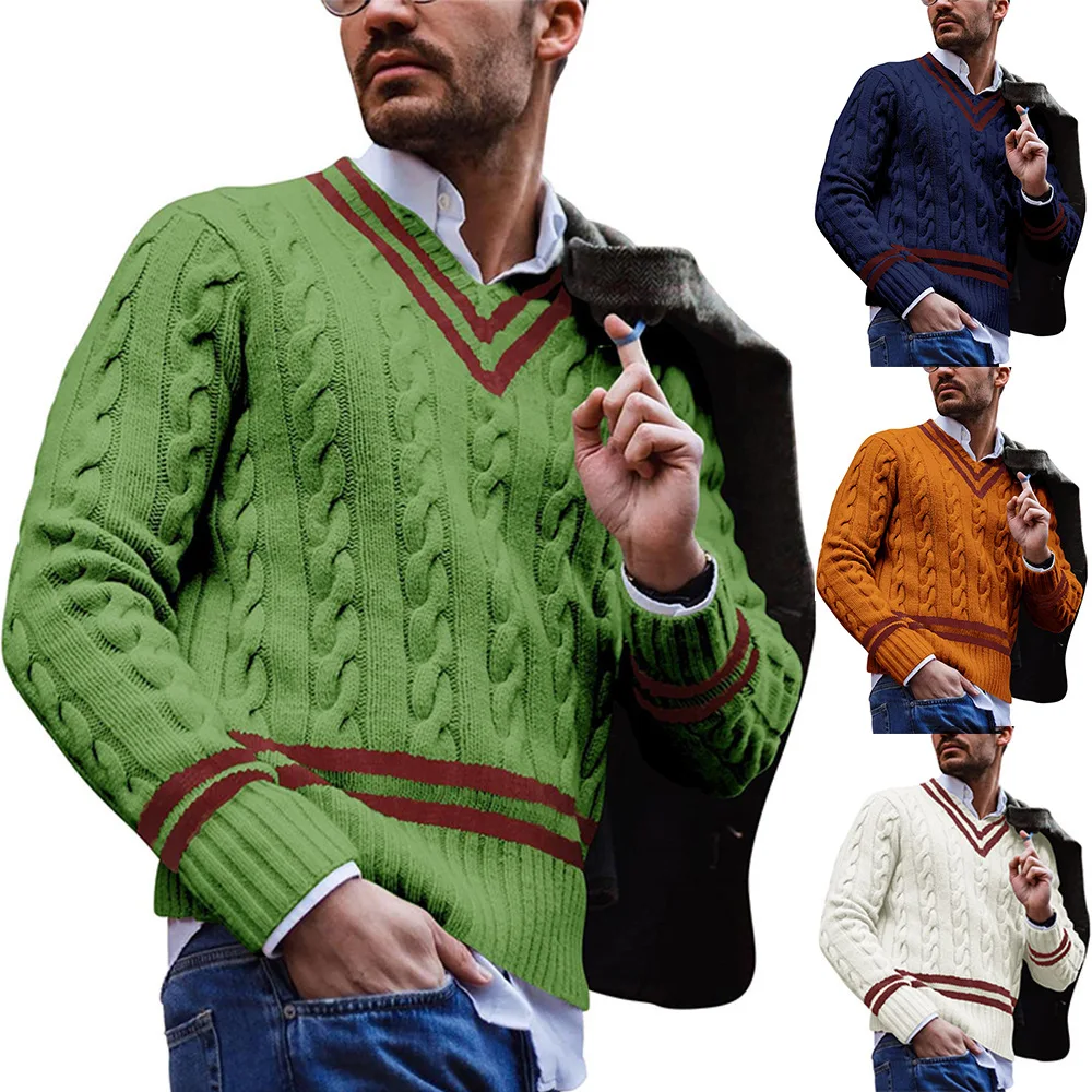 Men's V-Neck Knitted Sweater Stripe Color Block Autumn Winter Fashion Standard Fit Long Sleeve T-Shirt for Young Daily Wear