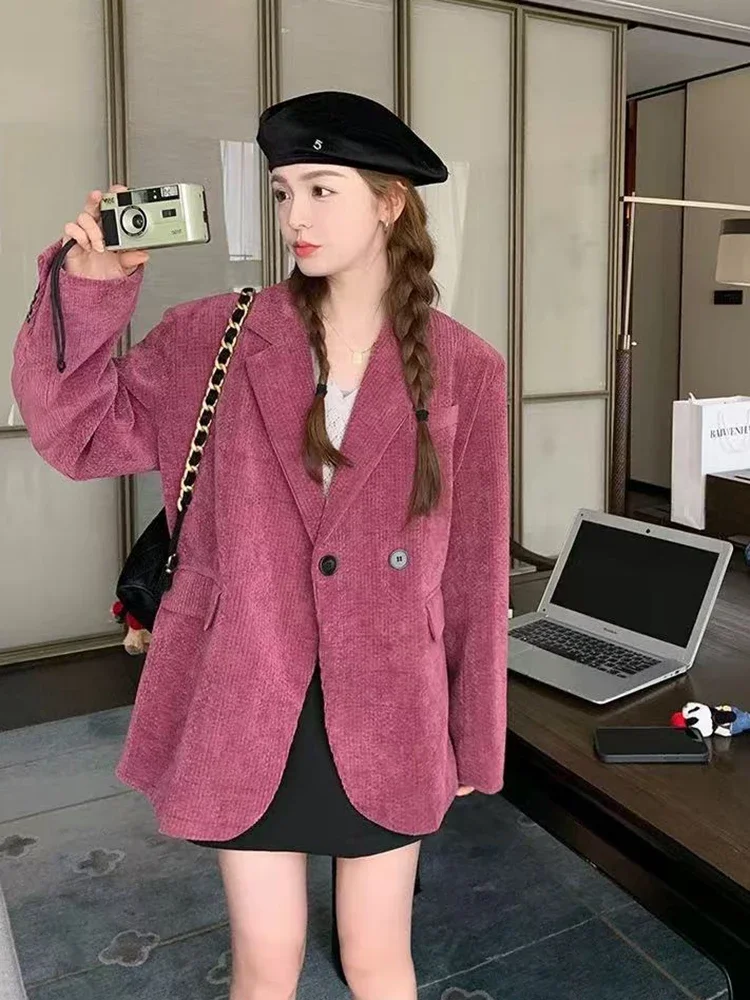 Vintage Corduroy Women Blazer Y2K Streetwear Loose Single Breasted Suit Jacket Korean Long Sleeve Elegant Office Lady Outerwear
