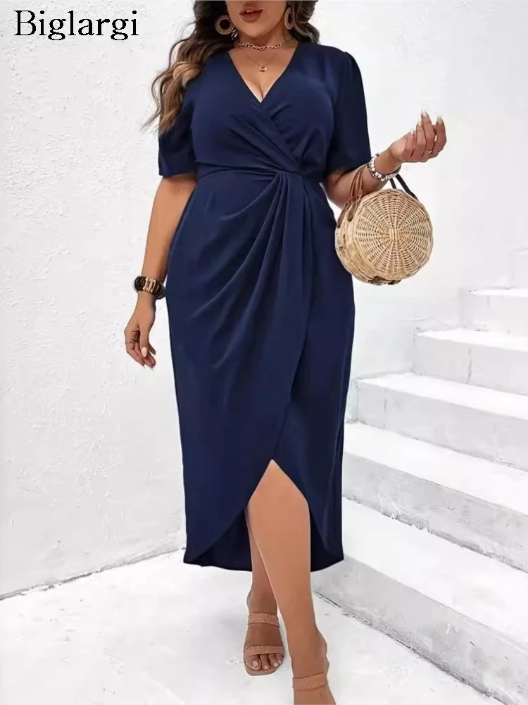 Plus Size Summer V-Neck Midi Dress Women Irregular Ruffle Pleated Fashion Slim Waist Ladies Dresses Short Sleeve Woman Dress