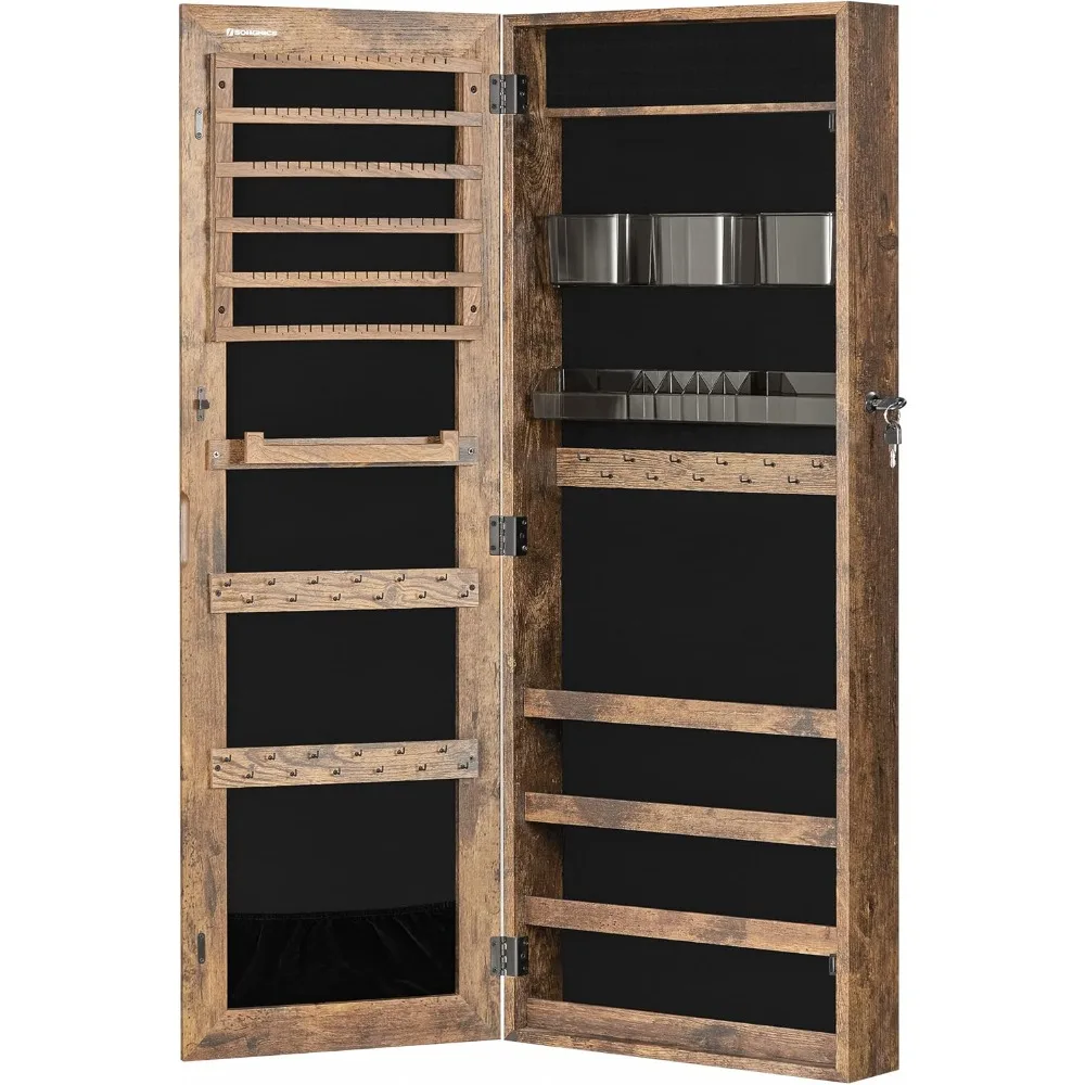 Jewelry Cabinet Armoire, Lockable Wall-Mounted Storage Organizer Unit with 2 Plastic Cosmetic Trays, Full-Length Framel