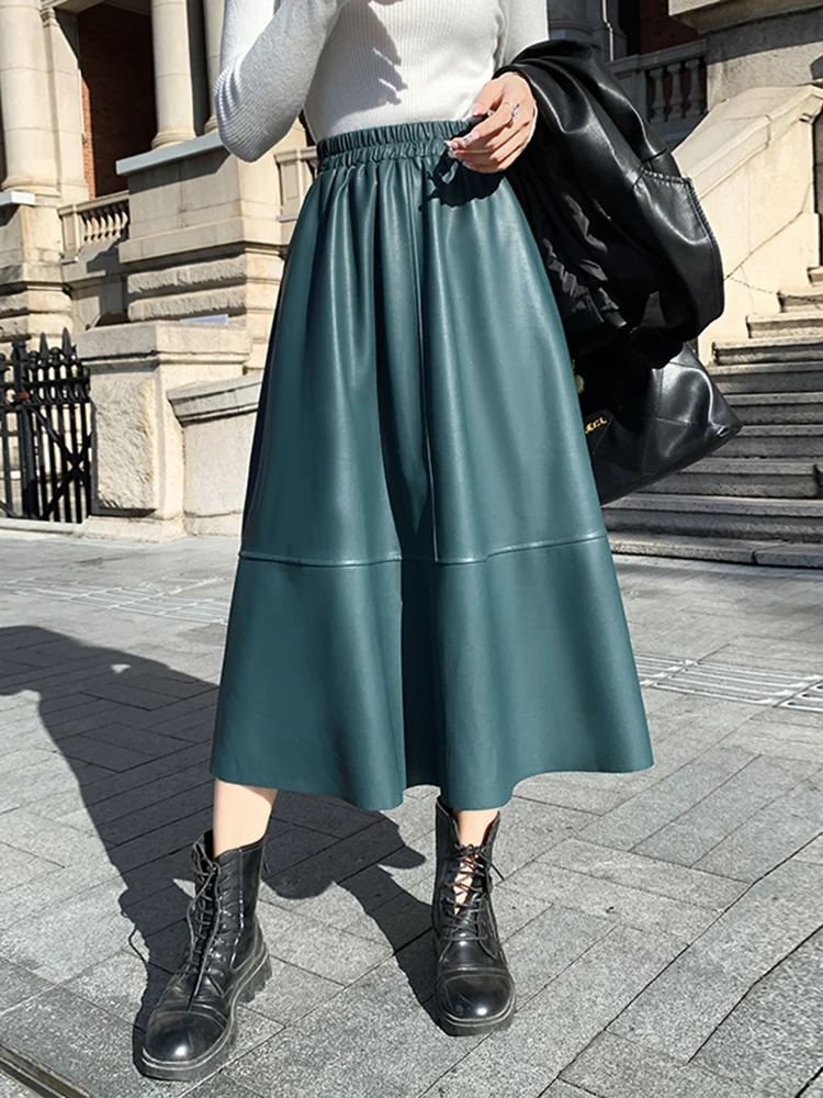 Gonna in Pelle PU a Vita Alta da Donna, Nuova Collezione Autunnale, Gonna Midi Pendente Snellente, Gonna a Linea A Elegante per il Lavoro