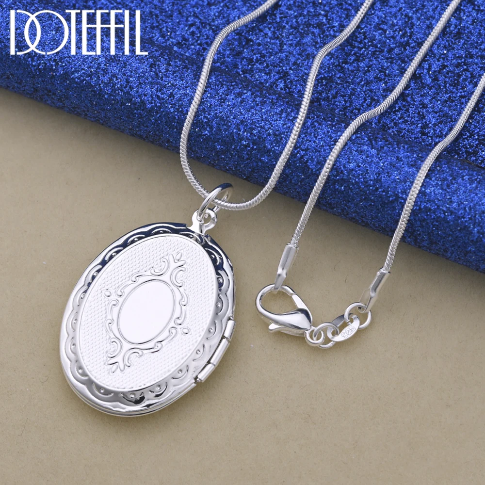 DOTEFFIL 925 Sterling Silver Oval Round Photo Frame Pendant Necklace 18/20-28/30 Inch Snake Chain For Woman Man Wedding Jewelry