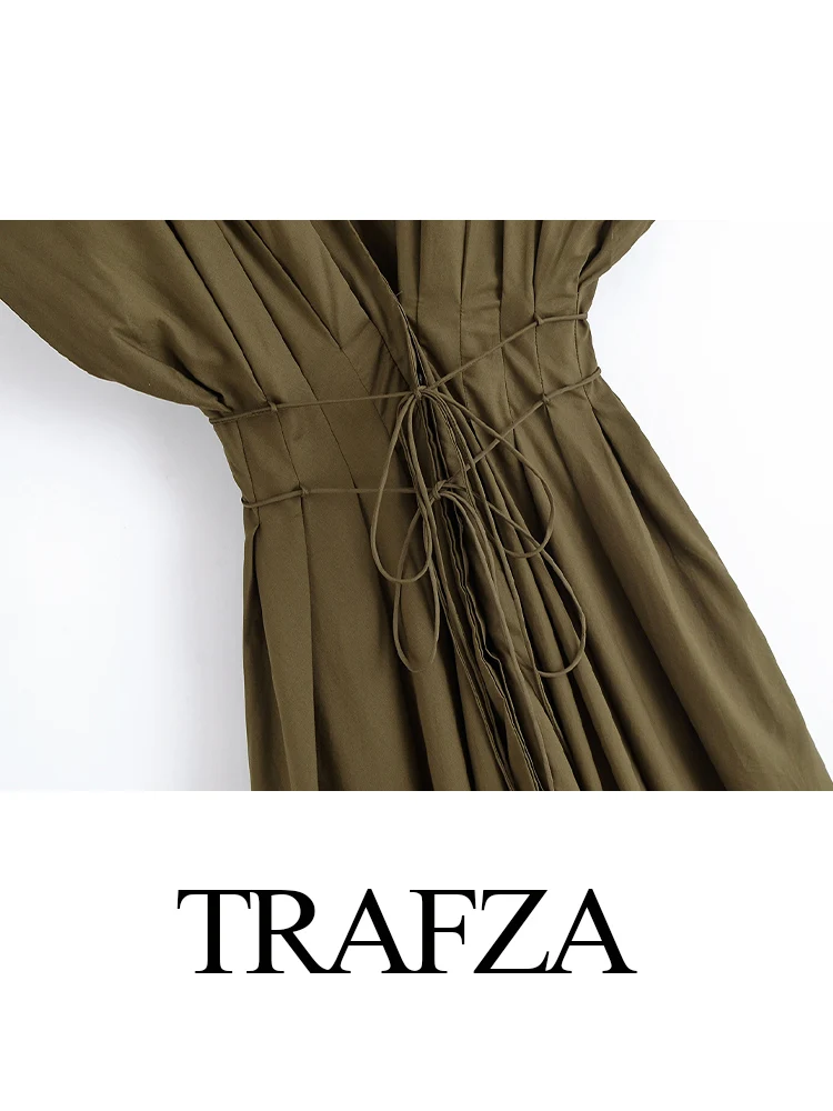 

TRAFZA Women's New Fashion V-neck Pleated Down Shoulder Short Sleeve Midi Dress Female Temperament High-waist Casual Long Dress