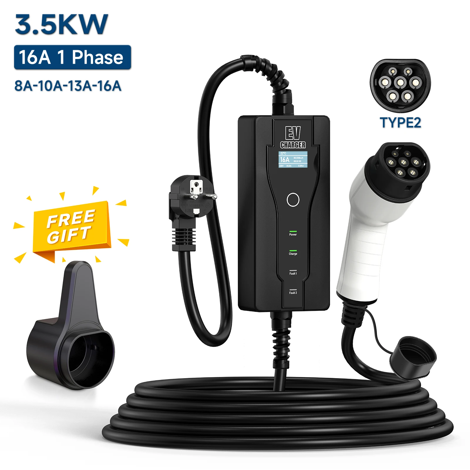 

Portable EV Charger 3.5KW 16A EVSE Charging Cable Type2 IEC62196-2 CEE Plug Controller Wallbox for Electric Car Type1 SAE J1772