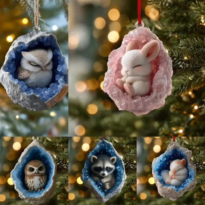 2D Flat Acrylic Cute Cartoon Animal Rabbit Owl Raccoon Pendant Christmas Tree Hanging Ornaments Home Decor Creative Xmas Gift