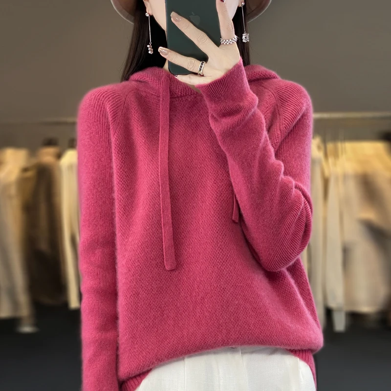 Autumn Winter Thick Hooded Cashmere Sweater 100% Merino Wool Women\'s Knitted Hoodie Fashion Honeycomb Long Sleeve Hoodie Tops