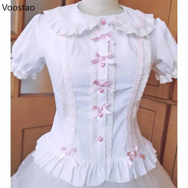 Imagem -05 - Blusas Femininas Estilo Lolita Preppy com Blusa Fina Colarinho Peter Pan Babados com Renda Camisas jk Tops de Manga Puff Feminino Fofos