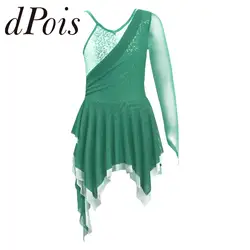 Child Ice Skating Costume Kids Girls Gymnastics Leotard Ballet Dress Shiny Sequins Mesh Irregular Hem Figure Ice Skating Dress