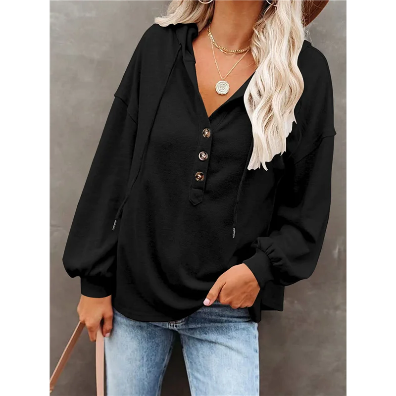 

ABRT-Women's Button Down Hoodie Button Sweatshirts Tops With Drawstring V Neck Long Sleeve Henley Shirts