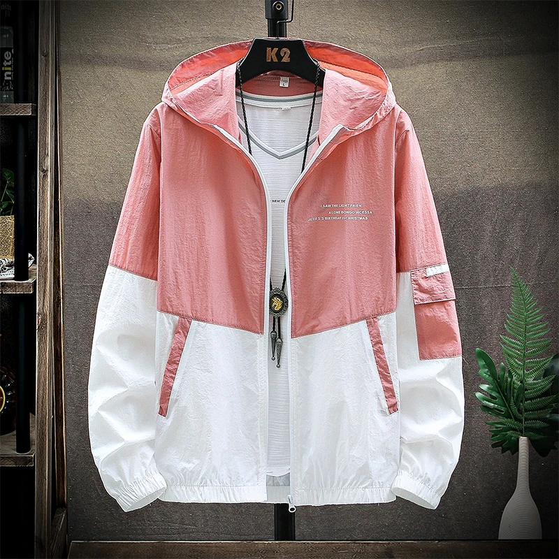 Summer Skin Coats Men Ultra Light UV Sun Protection Big Size Hooded Windbreaker Jacket Men Striped Casual Outwear