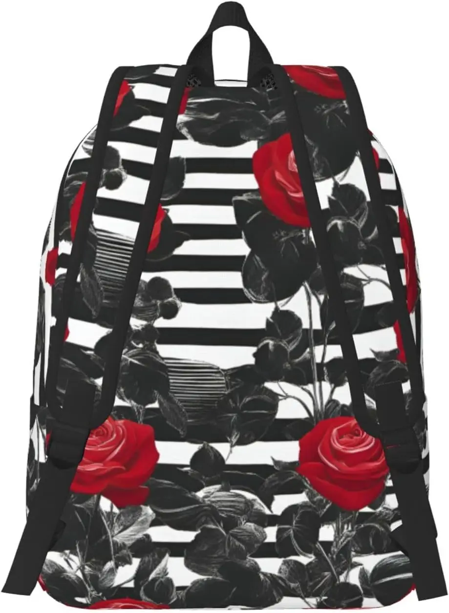 Black White Stripes Red Rose Flowers Print Stylish Canvas Backpack,Travel Backpack With Pockets,For Hiking And Daily Use