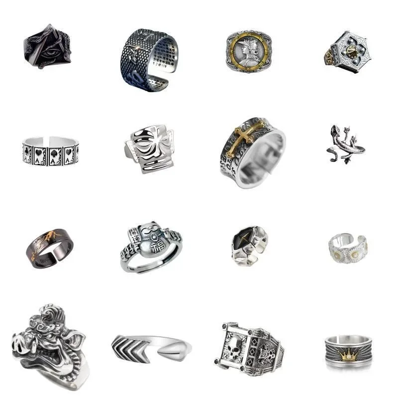 

Retro Original Fashion Thai Silver Personality Exquisite Adjustable Ring Hip Hop Trend Handmade Various Styles Punk Gift